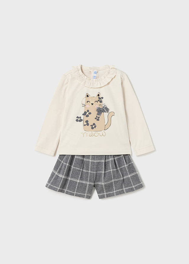 Cream & Grey Cat Shorts Set