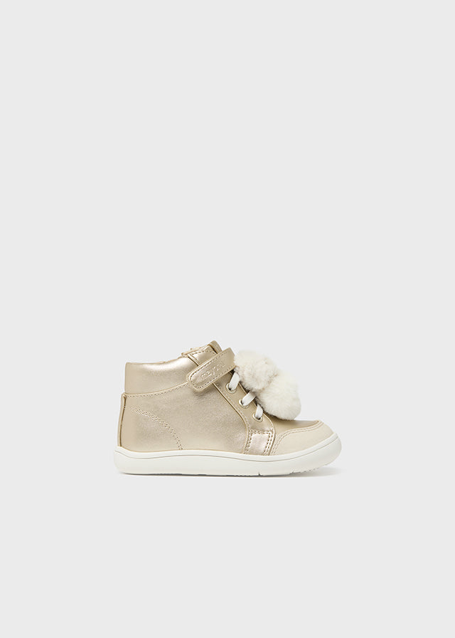 Gold Faux Leather Pom-Pom Trainers