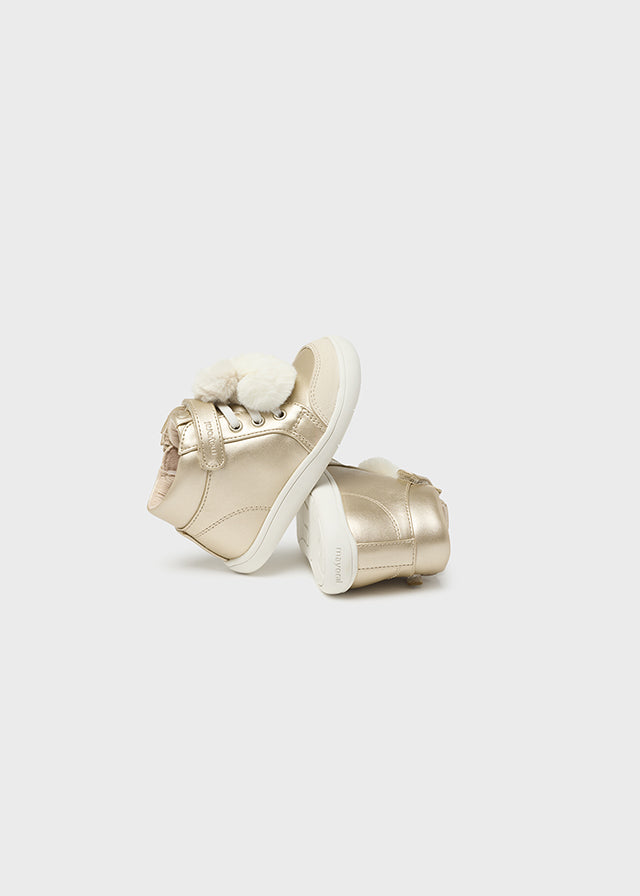 Gold Faux Leather Pom-Pom Trainers