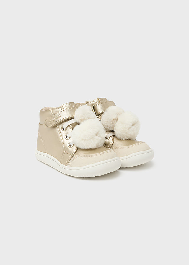 Gold Faux Leather Pom-Pom Trainers