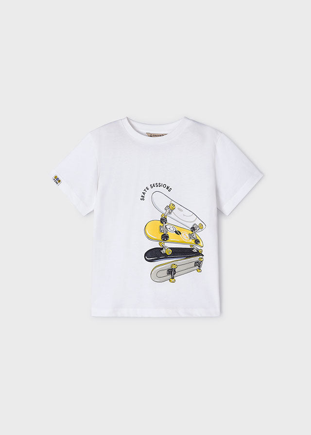 White T-Shirt With Skateboard Print