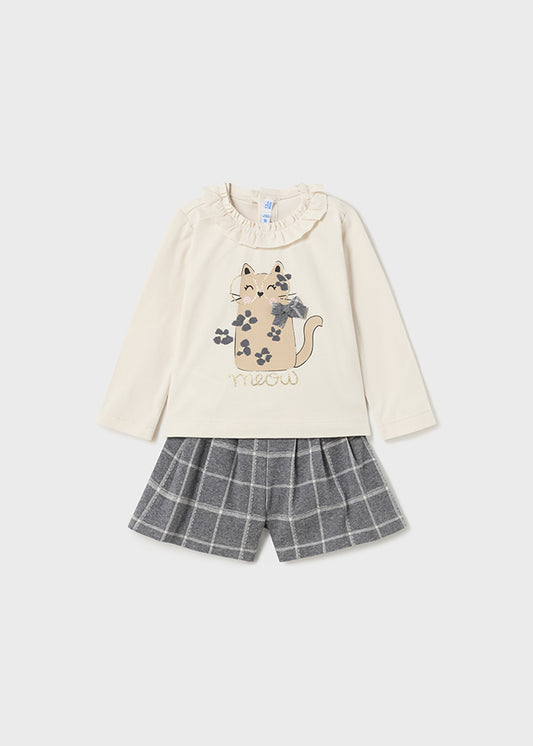 Cream & Grey Cat Shorts Set