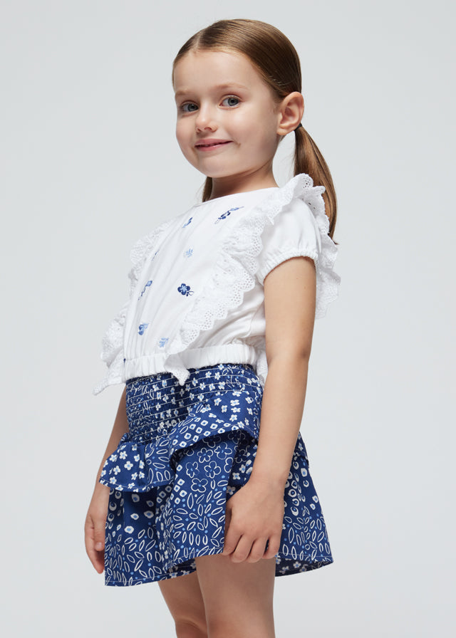 White Ruffle Top With Flower Embroidery