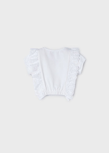White Ruffle Top With Flower Embroidery