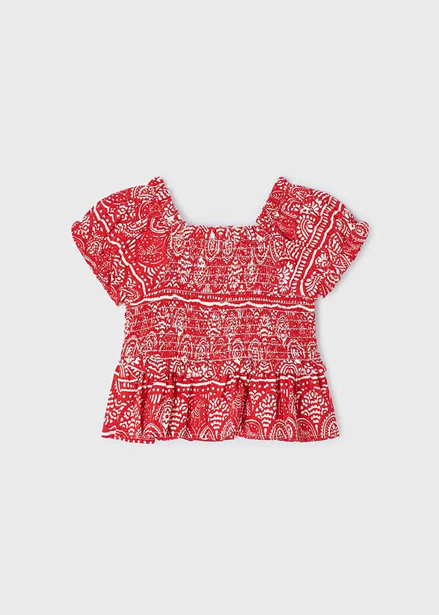 Red Smocked Printed Blouse