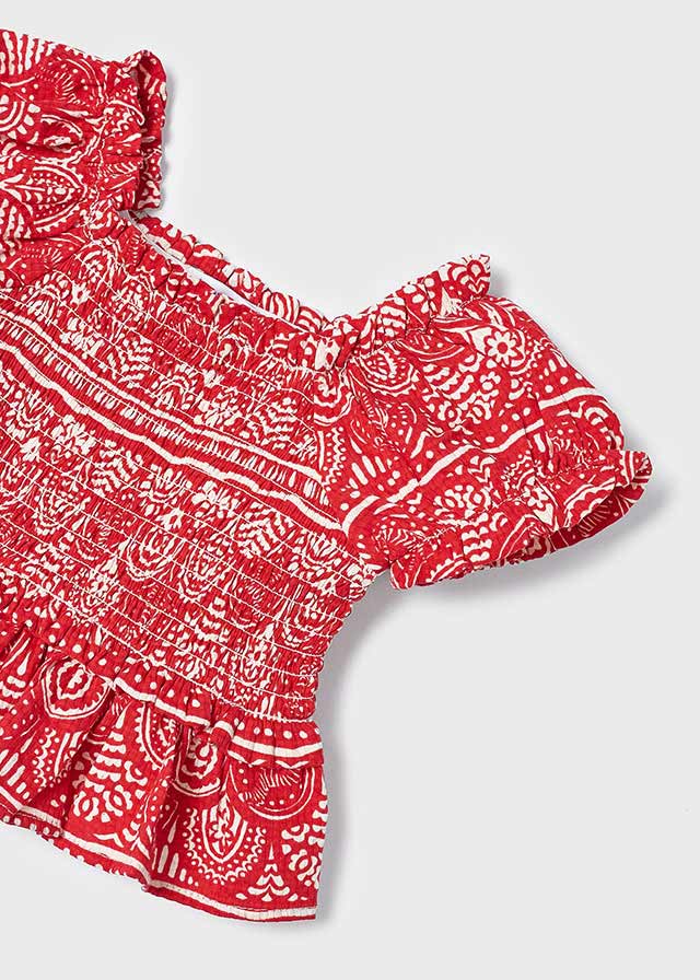 Red Smocked Printed Blouse